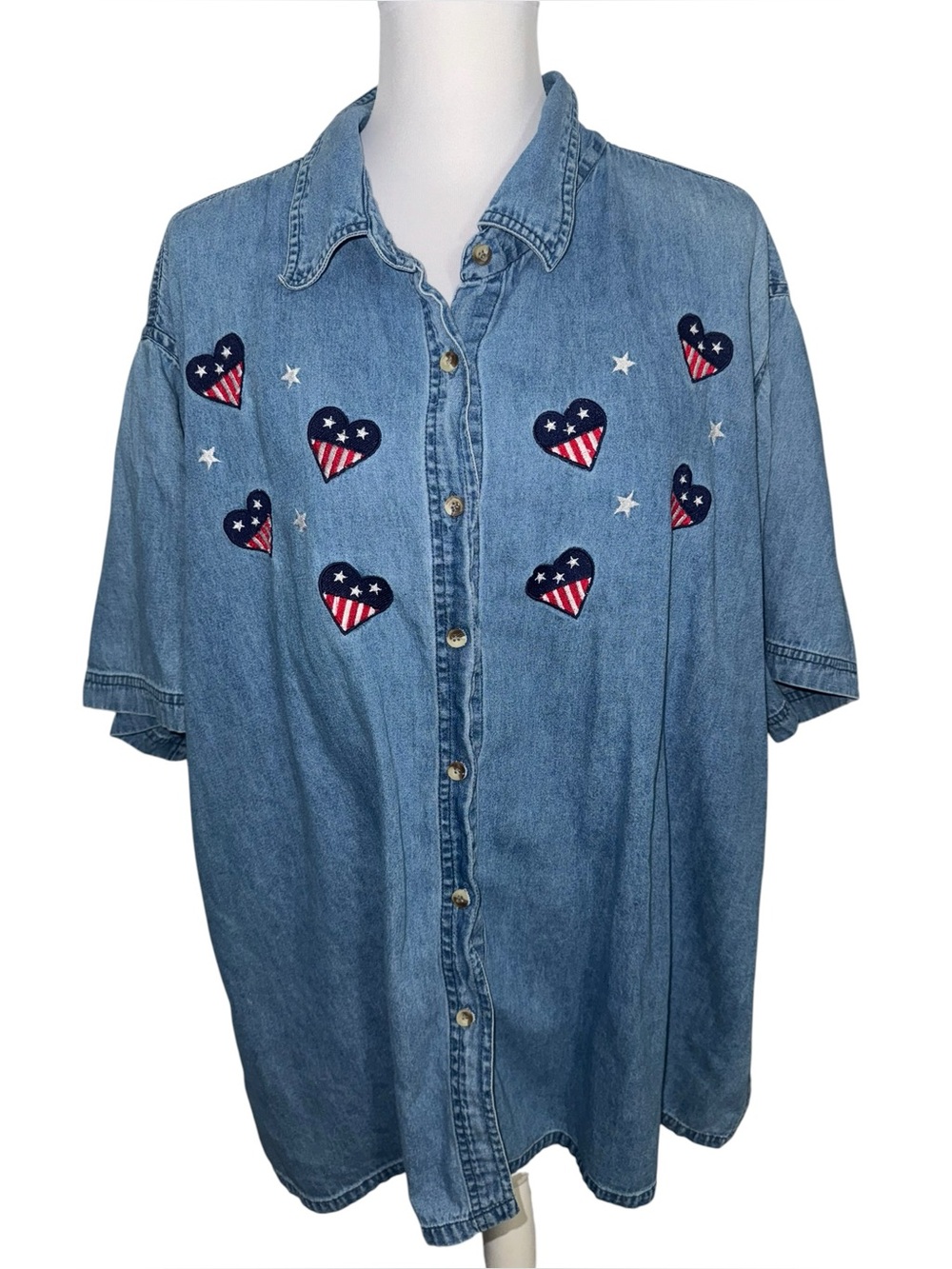 Club‎ Z Collection 4X Denim Button Up Shirt Patriotic Hearts Stars Plus Size USA
